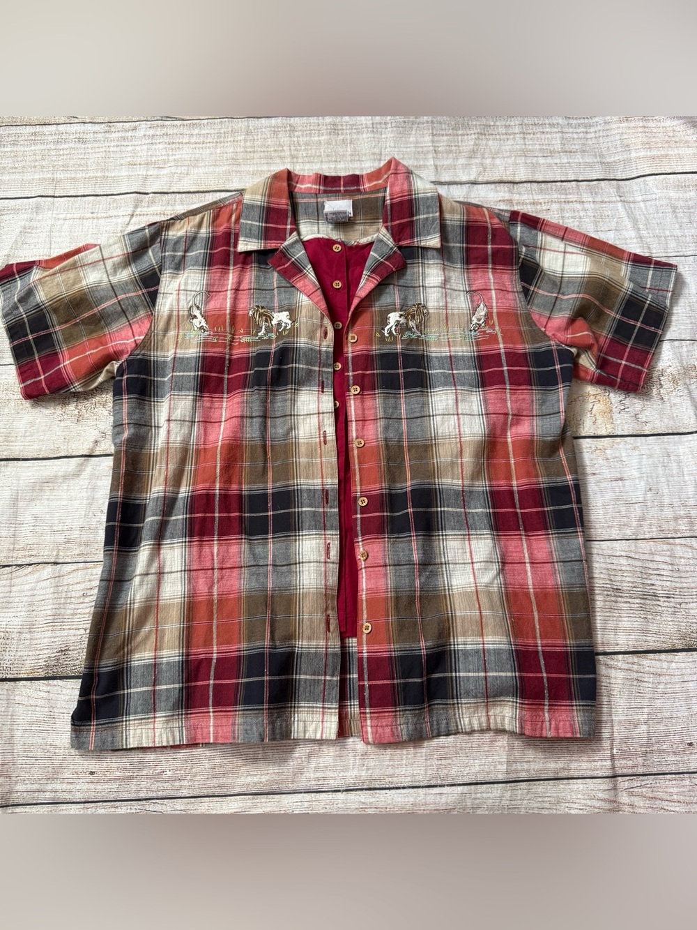 Vintage Bobbie Brooks Red Plaid Embroidery Lion Womens Shirt Size XL 16/18